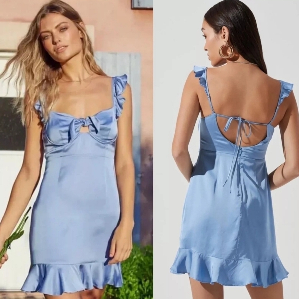 NWT ASTR The Label SKY BLUE Satin MARLA Flutter Sleeve BUST TIE Mini Dress